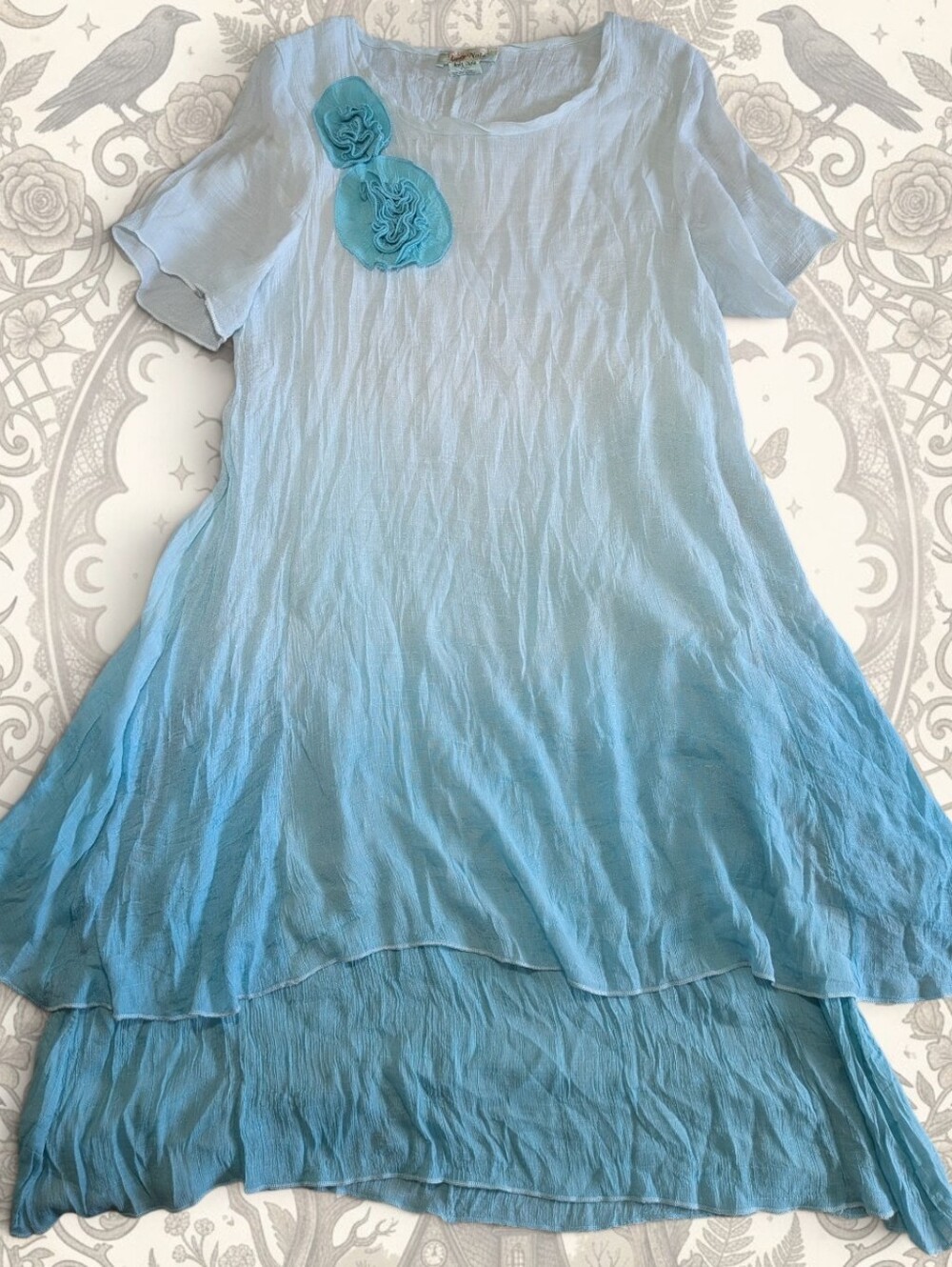 Lagenlook Ombre Crinkle Gauze Tiered Rosette Dress Coastal Grandma Tunic 1XL